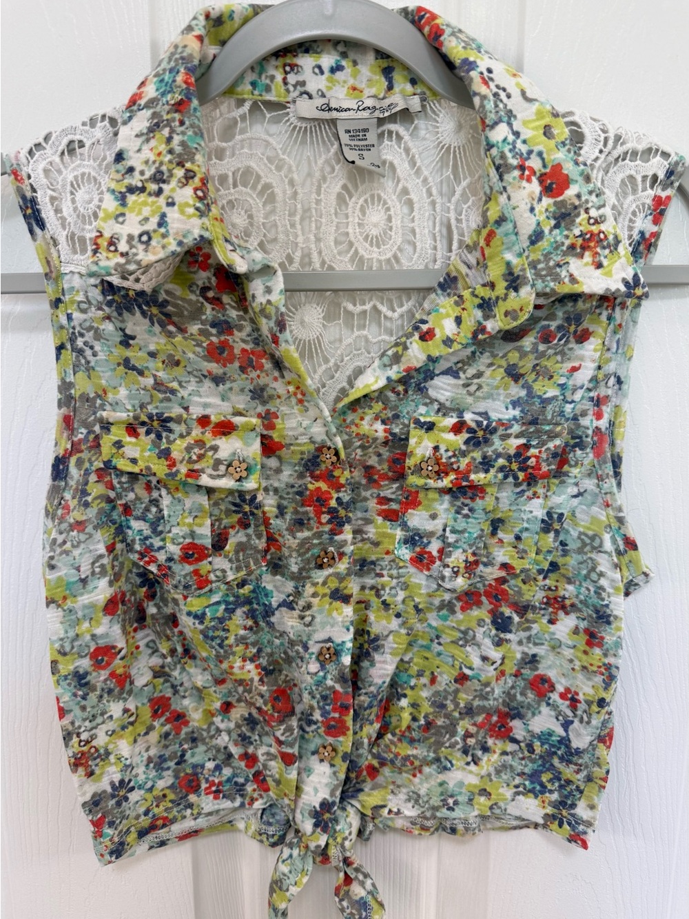American Rag floral button-up tie-front top with Wooden Floral Buttons